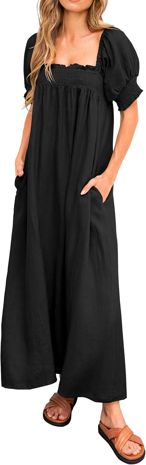 KIRUNDO Women Summer Maxi Dress with Puff Sleeves and Pockets