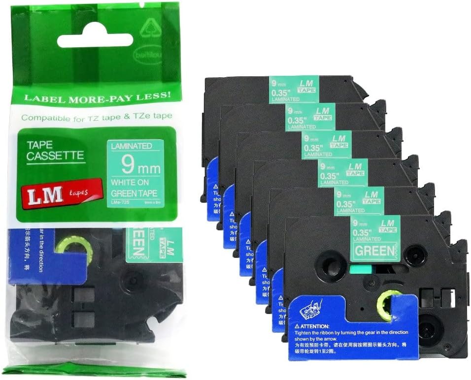 6/Pack LM Tapes LMe-725 Premium 3/8in White Print on Green