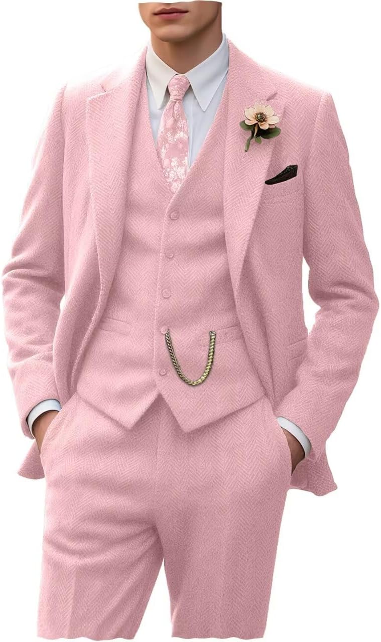 Retro Tweed Men's Suit 3 Piece Slim Fit Herringbone Tuxedo Set