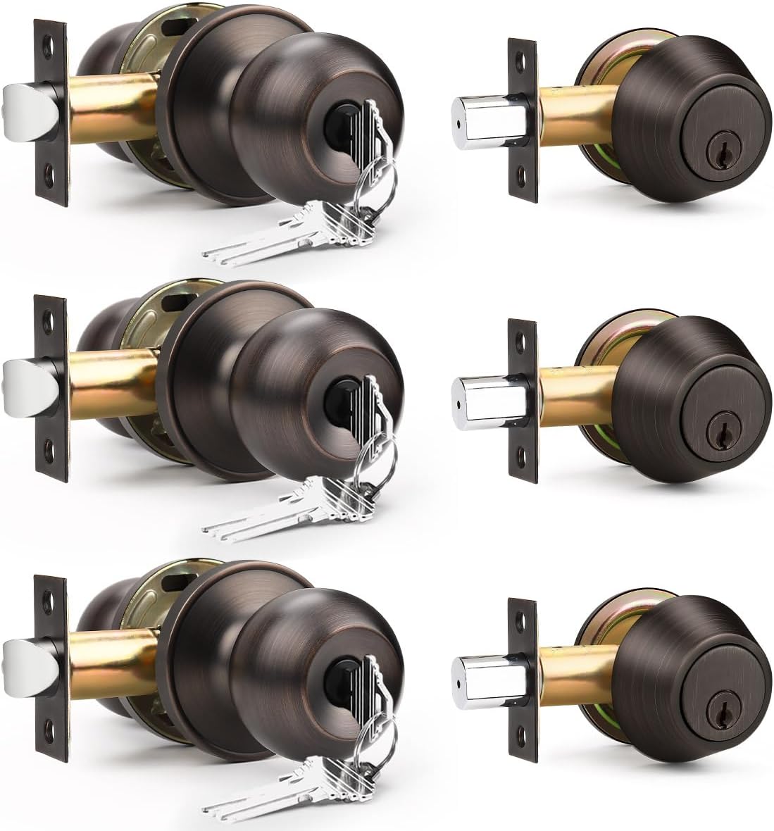 3 Pack Entry Door Locksets with Single Cylinder Deadbolt Set