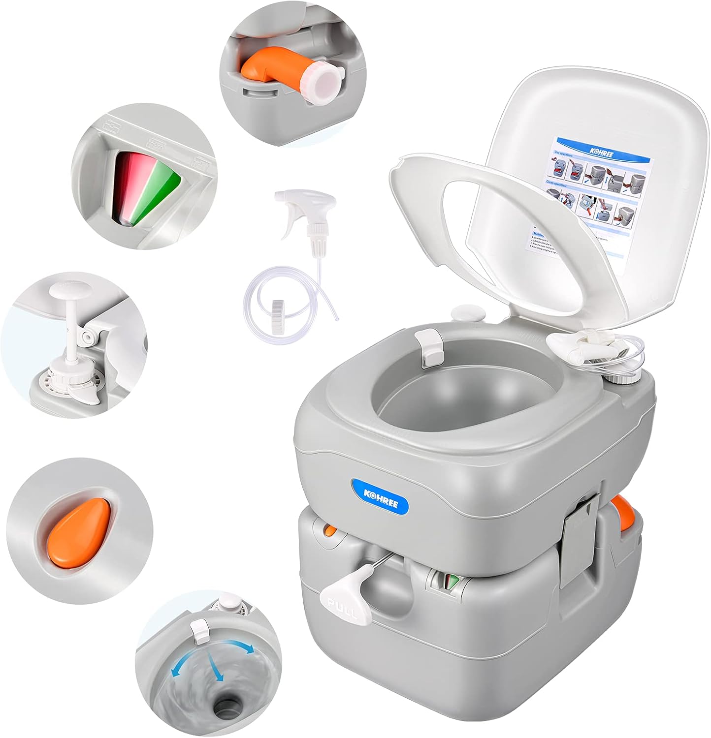 Kohree Portable RV Toilet: 5.8 Gal Waste Tank, Leak-Proof & Indicator - Ideal for Travel