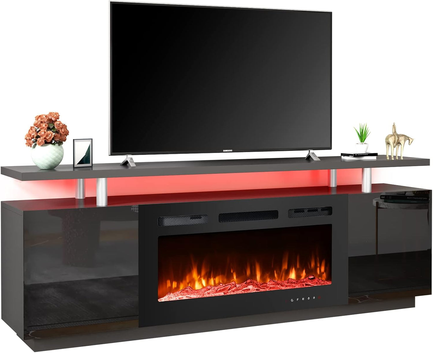 70'' Fireplace TV Stand with Electric Fireplace - 12 Flame Colors, 16 LED Lights
