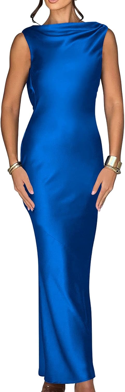Elegant Sleeveless High Neck Tie Maxi Dress for Women