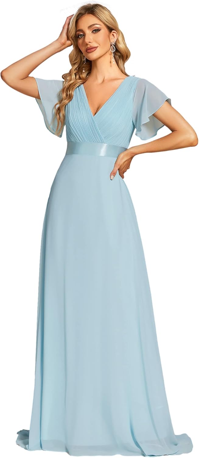 Classic Chiffon Short Sleeve V-Neck Floor Length Bridesmaid Dress