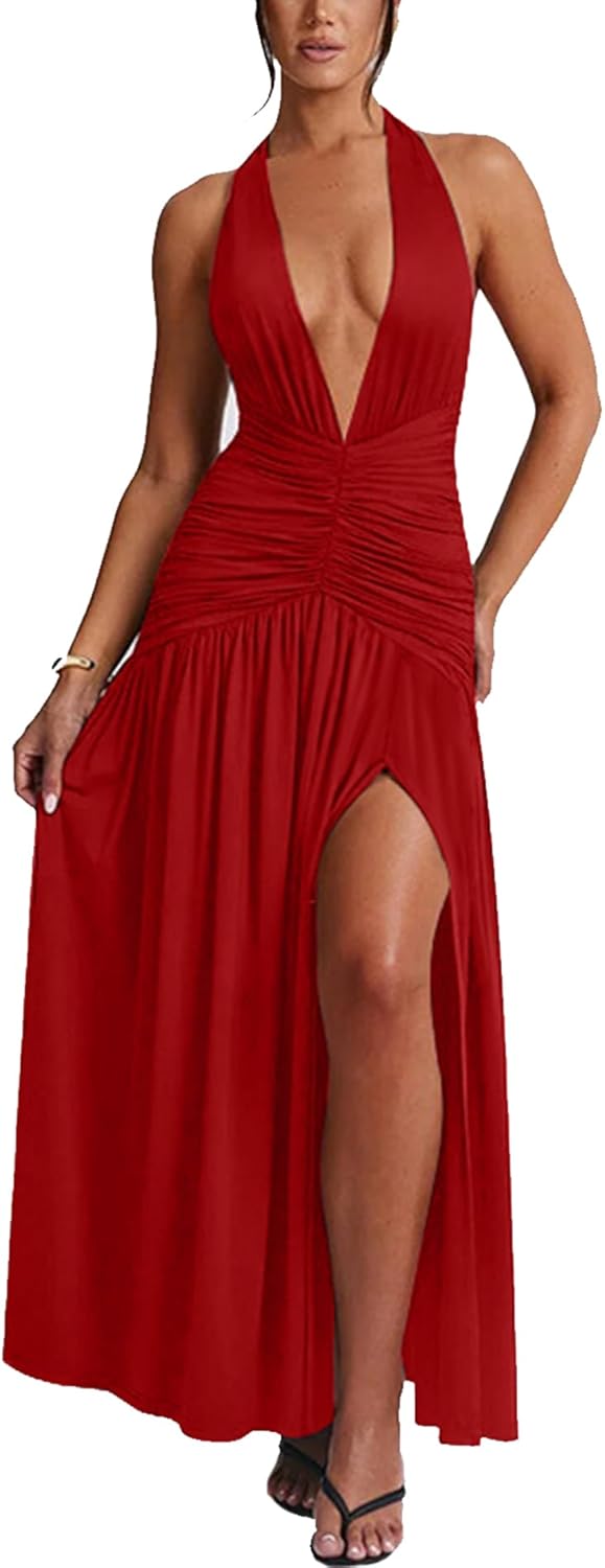Ekaliy Women's Sexy Halter Deep V Neck Maxi Dress for Parties