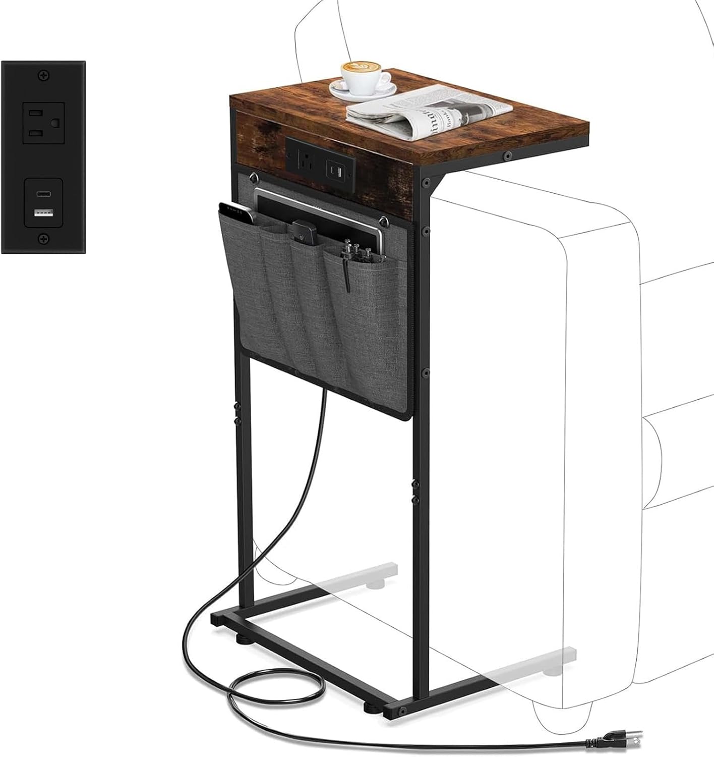 Rustic Brown C Table with Charging Station - Evermagin