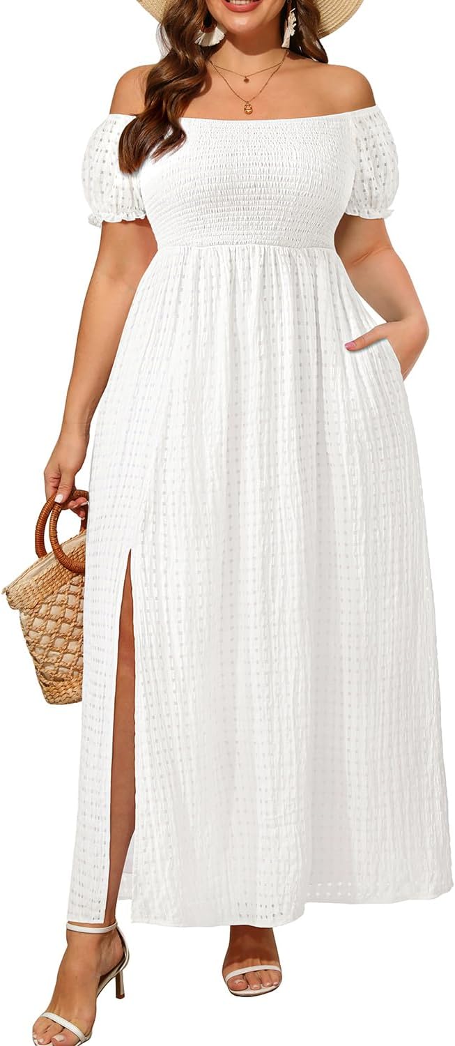 Plus Size Summer Dresses - Boho Casual Off Shoulder Maxi Dress