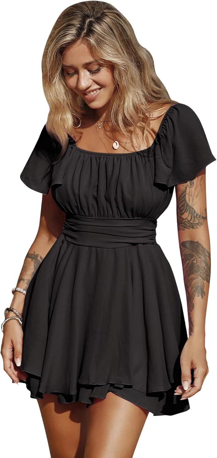 EXLURA Women's Summer Ruffle Short Sleeve Tie Back Romper Dress