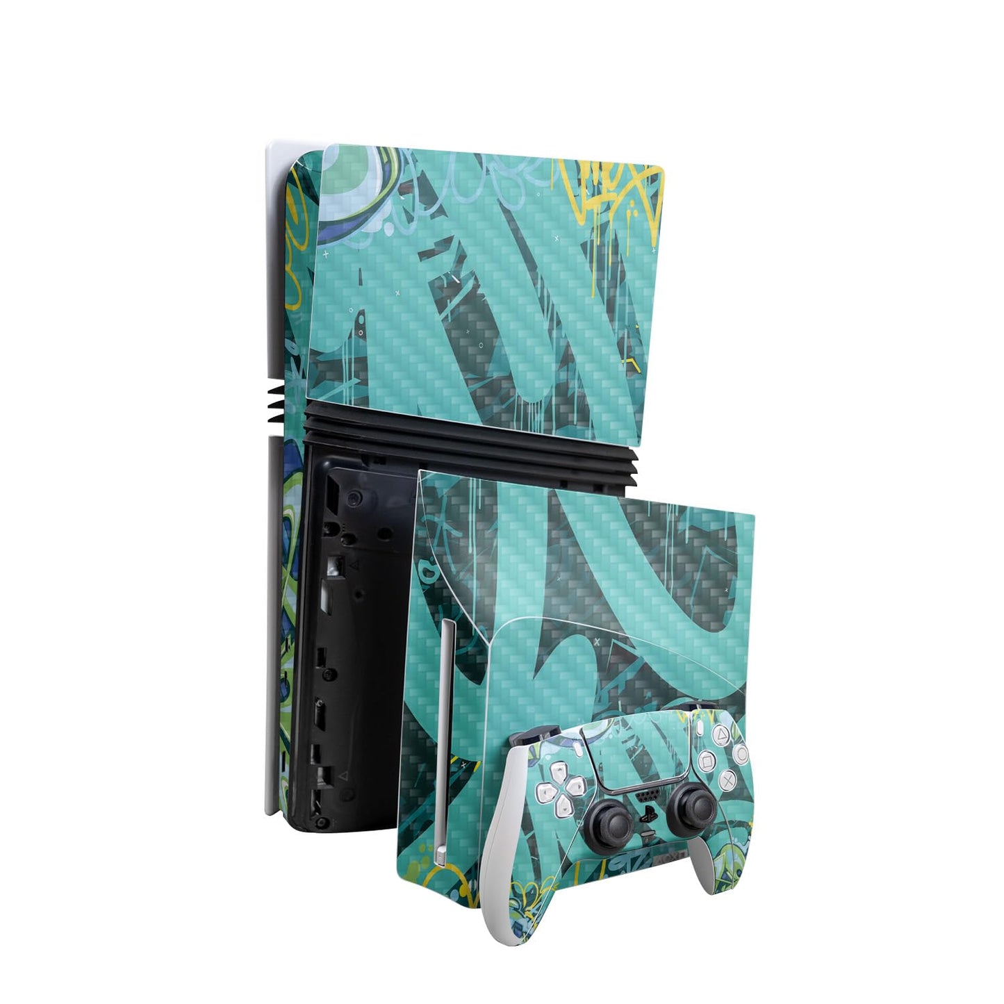 PS5 Pro Bundle Cyan Carbon Fiber Skin | Easy Apply Vinyl Wrap