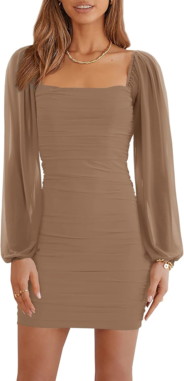 Wenrine Women's Mesh Long Sleeve Square Neck Bodycon Mini Dress