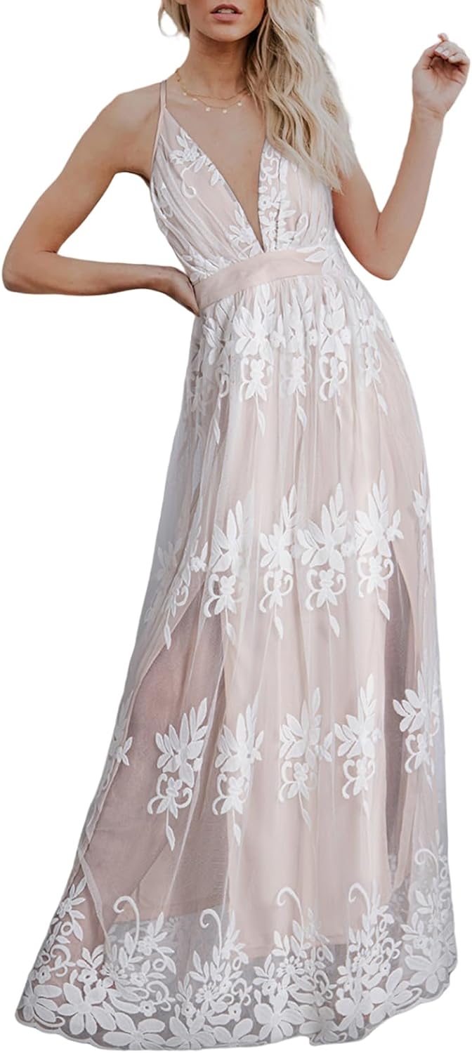 Dokotoo Womens Formal Dresses Deep V-Neck Lace Evening Dress