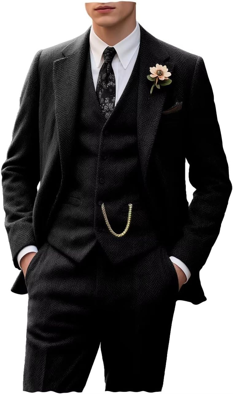 Retro Tweed Men's Suit 3 Piece Slim Fit Herringbone Tuxedo Set