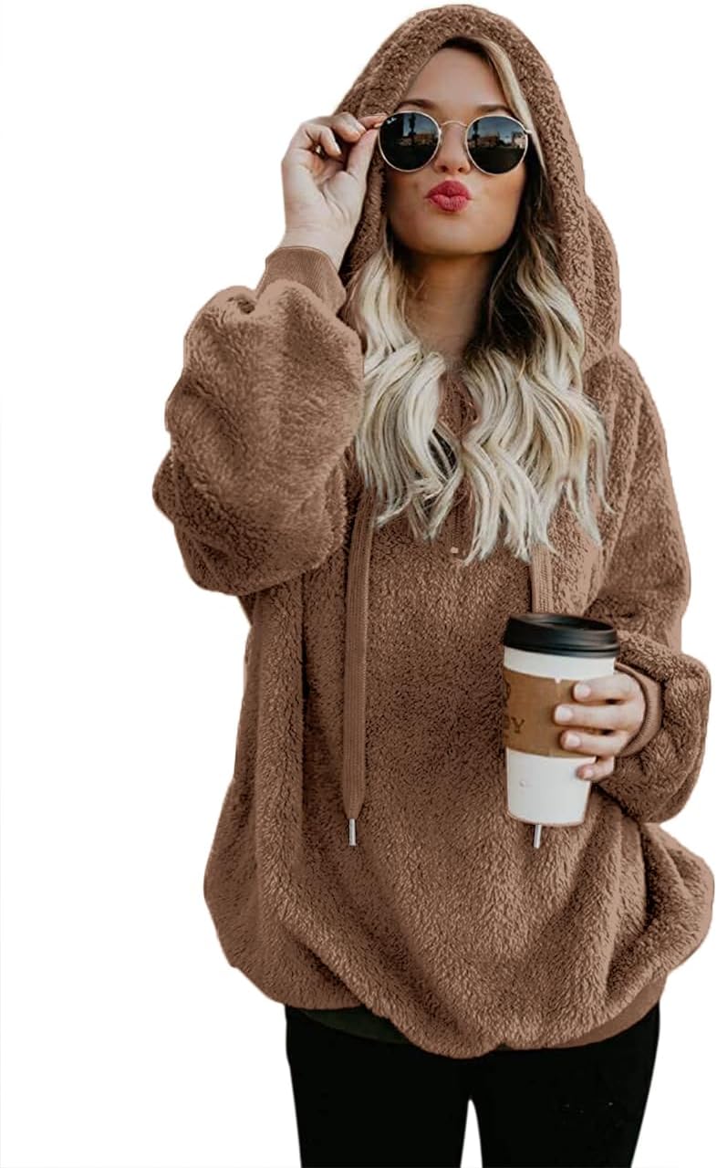 Women Casual Double Fuzzy Sweatshirt Faux Fleece Zip Pullover