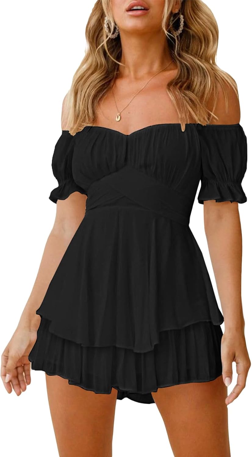 Boho Floral Off Shoulder Ruffle Chiffon Jumpsuit for Women