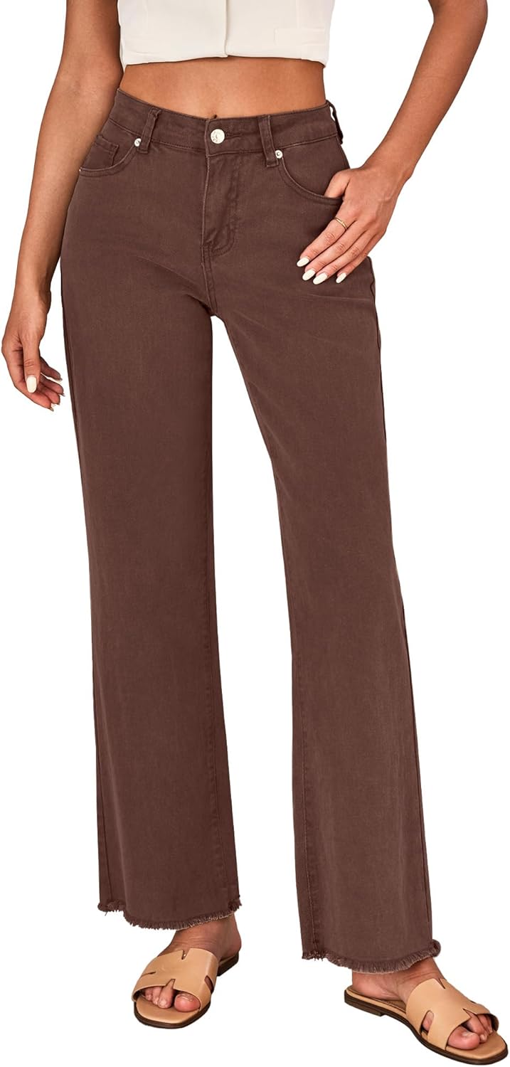 Trendy High Waisted Wide Leg Jeans for Women with Frayed Hem