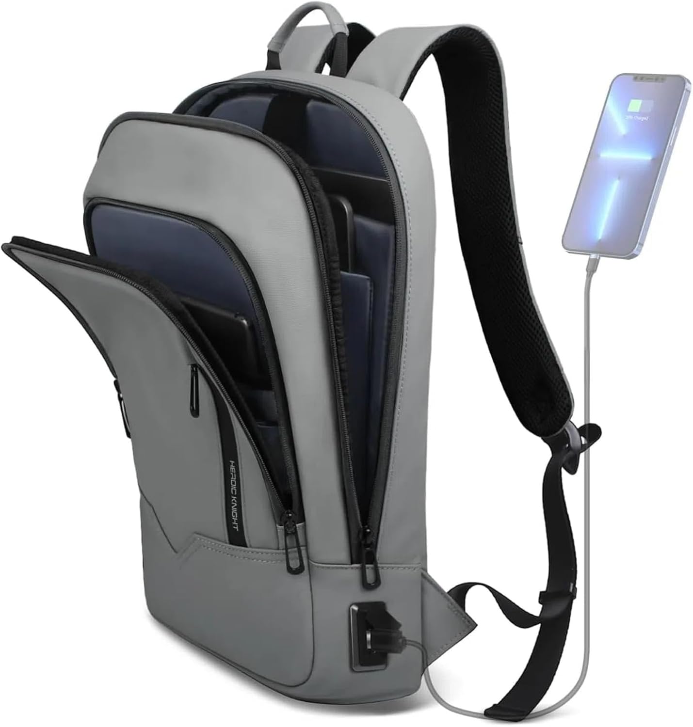 hk Slim Business Backpack with USB Charger for Men, Grey
