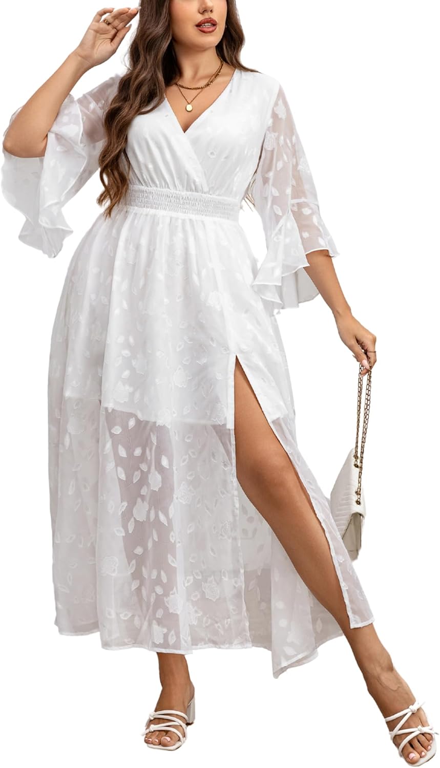 Plus Size Wedding Guest Dress with Ruffle Bell Sleeves and Slit