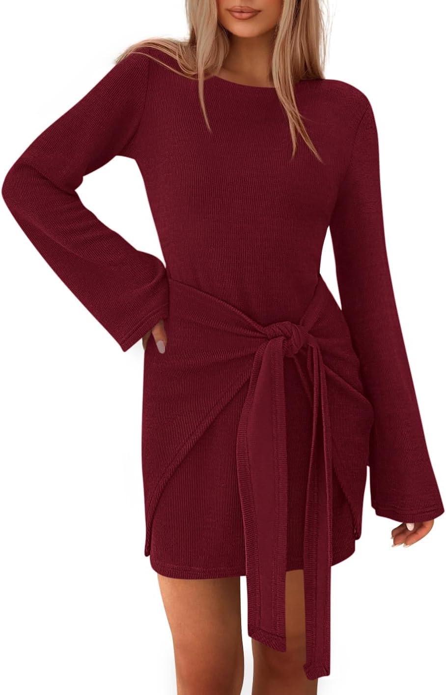 Dowerme Women's Casual Mini Dress with Bell Sleeves and Tie Waist