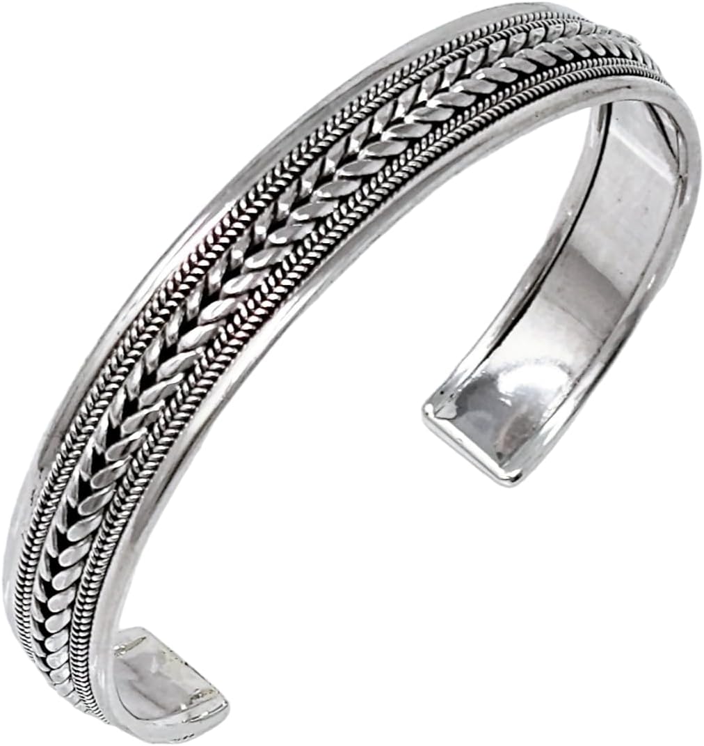 Men's Silver Bangle Bracelet Open Cuff with Braided Details