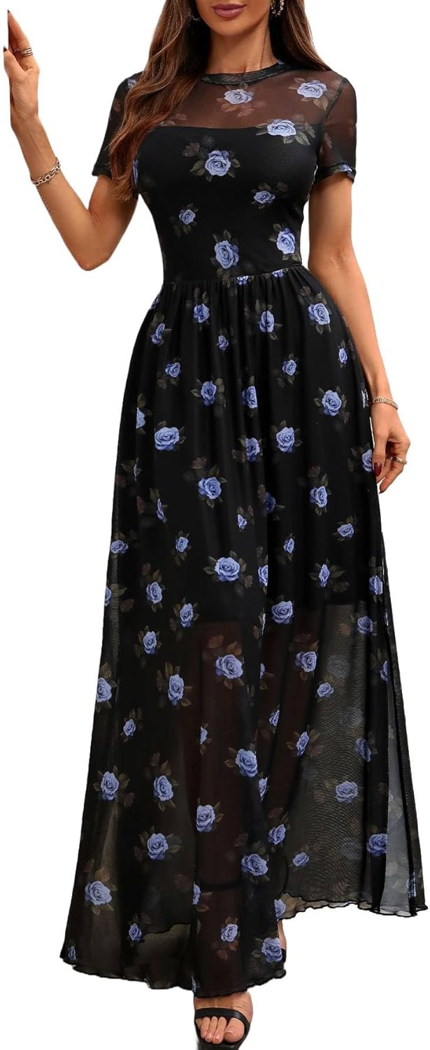 GothDark Women's Floral Print Maxi Dress with Thigh-High Slit
