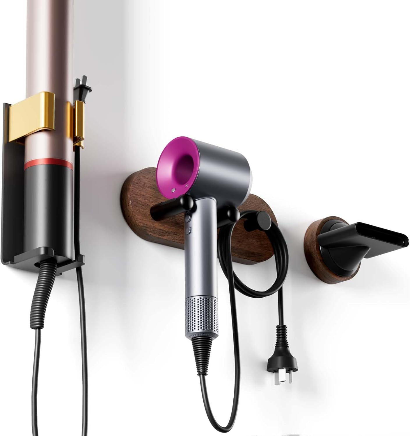 Wall-Mounted Walnut Hair Dryer Holder - Stylish & Organized!
