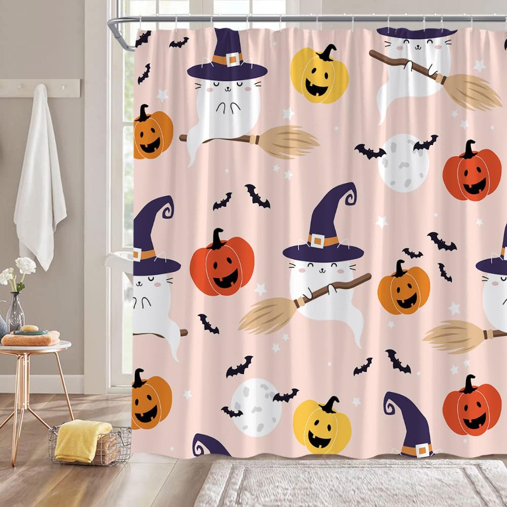Pink Halloween Shower Curtain, Spooky & Cute Ghosts