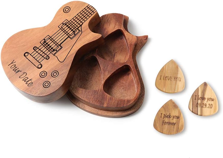 Custom Guitar Picks with Personalized Wooden Box Holder Gift