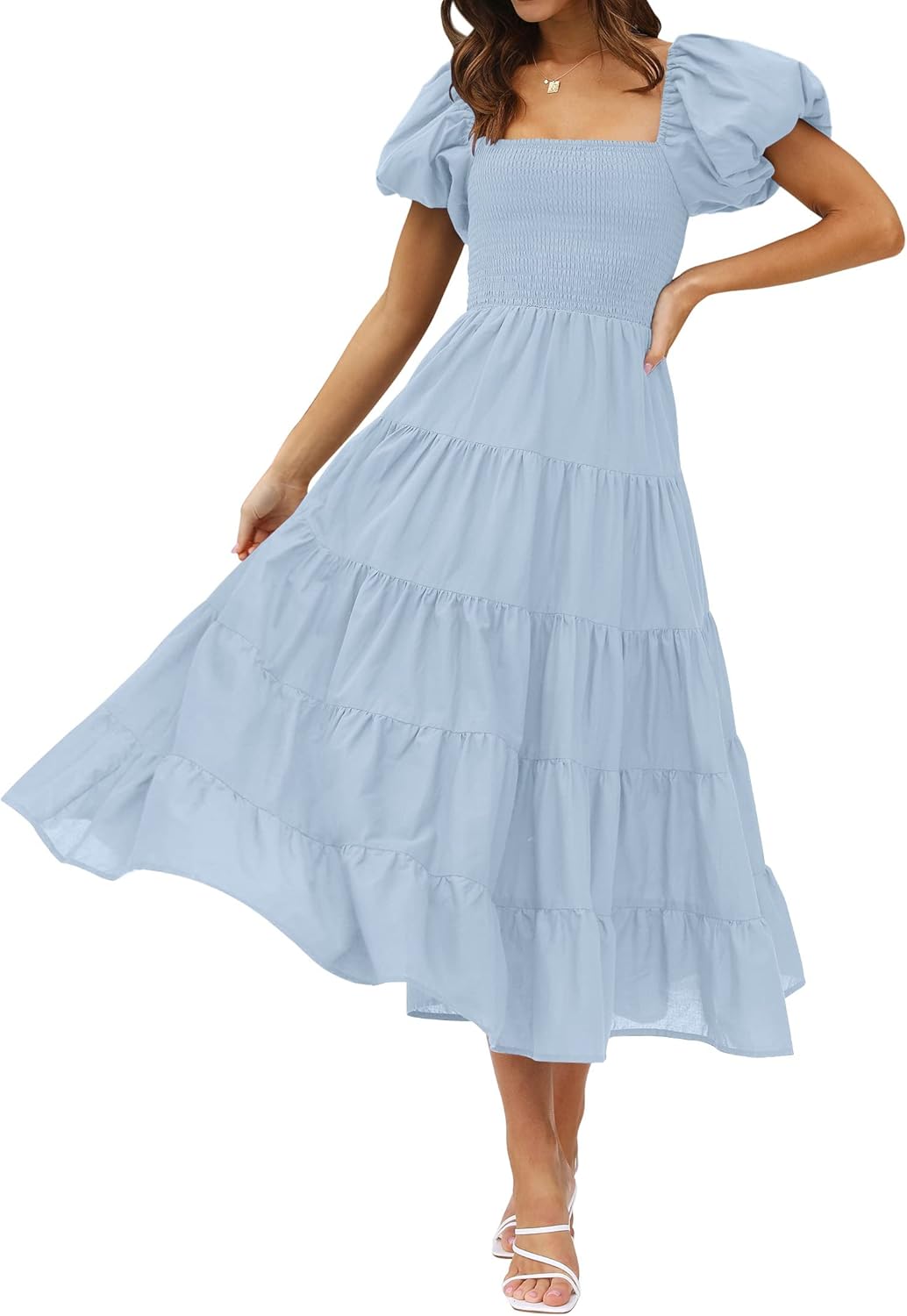 ZESICA Women's Summer Square Neck Puff Sleeve Midi Dress