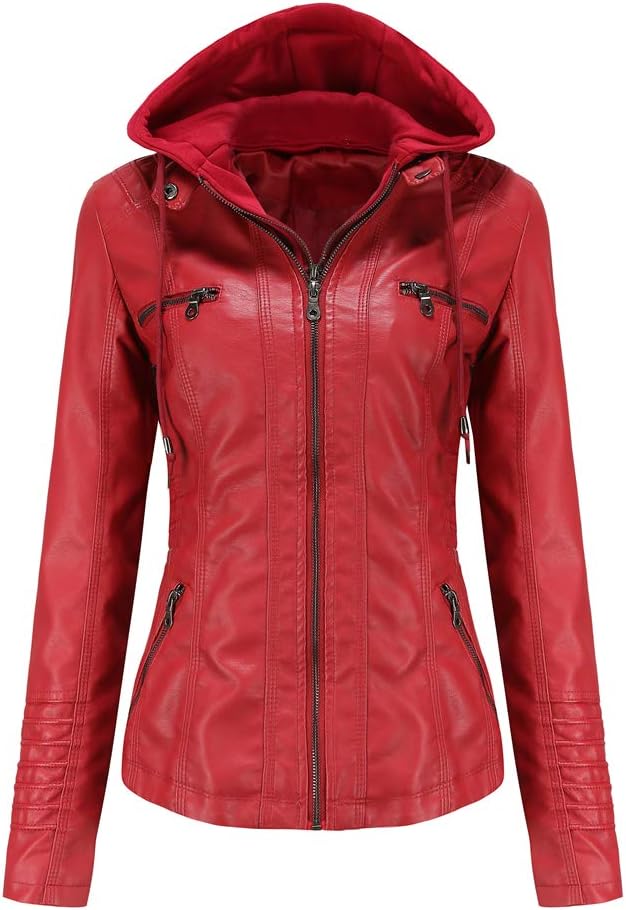 Tagoo Faux Leather Jacket Women Motorcycle Coat with Hood