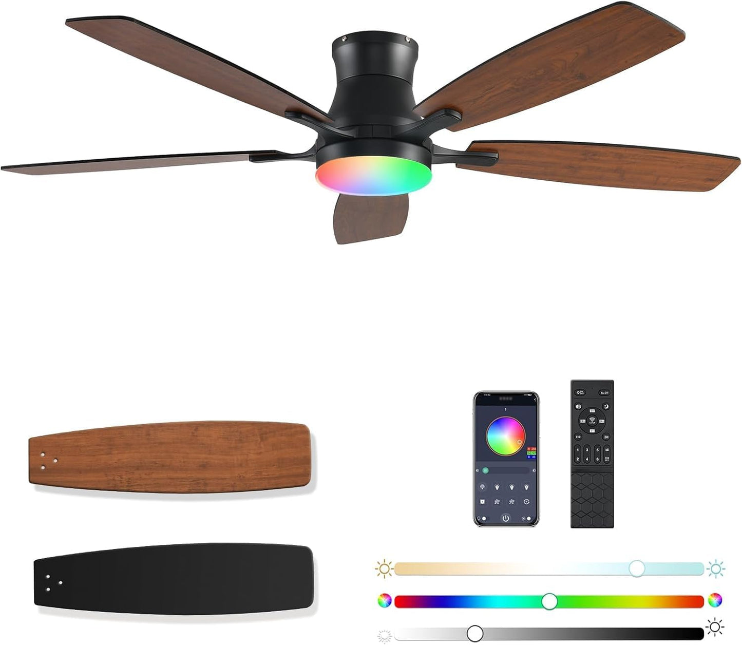 54 In RGB Low Profile Ceiling Fan with Light and Remote Control