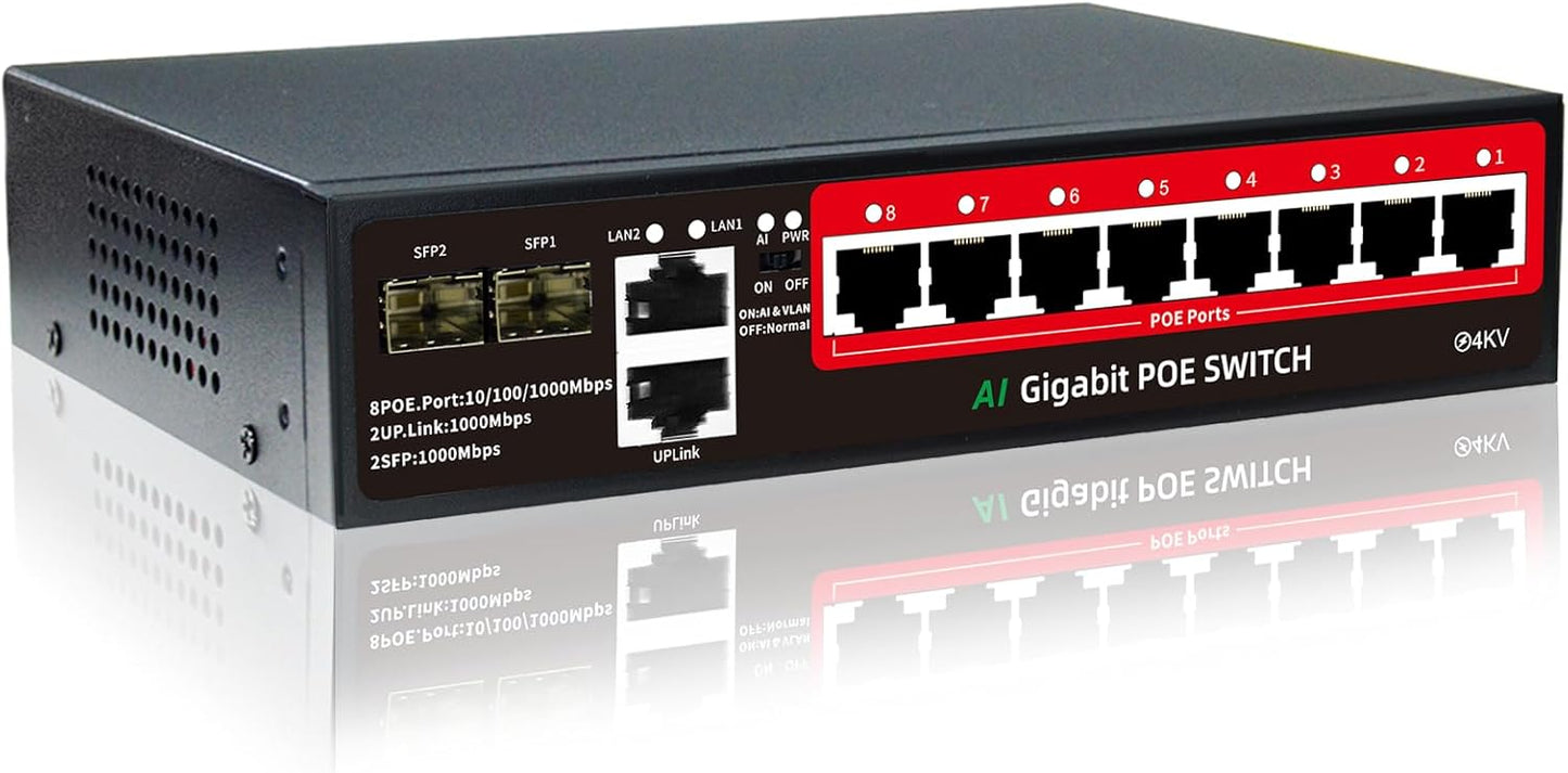 STEAMEMO 8-Port Gigabit PoE Switch with AI VLAN Mode and 120W