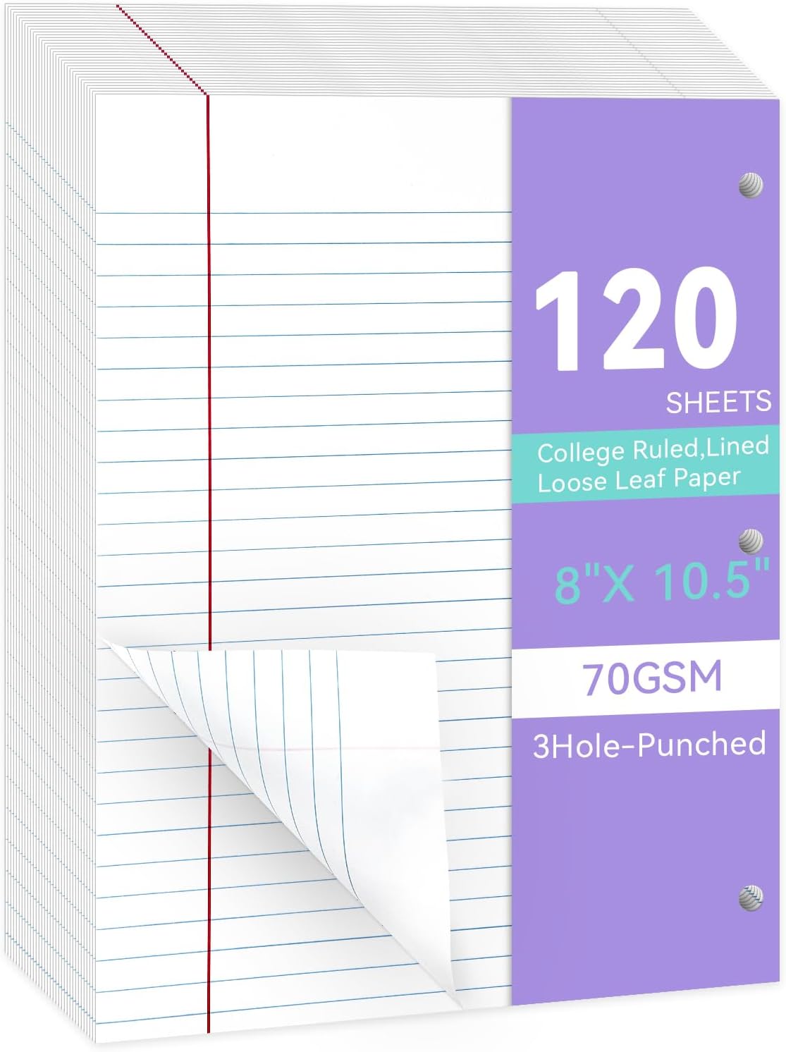 WINKIO Wide Ruled Loose Leaf Paper for Binders - 120 Sheets