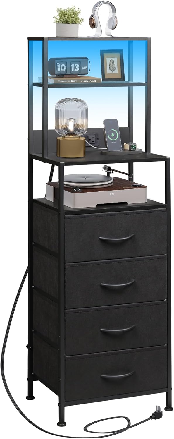 WLIVE Tall Nightstand with Charging Station and LED Features
