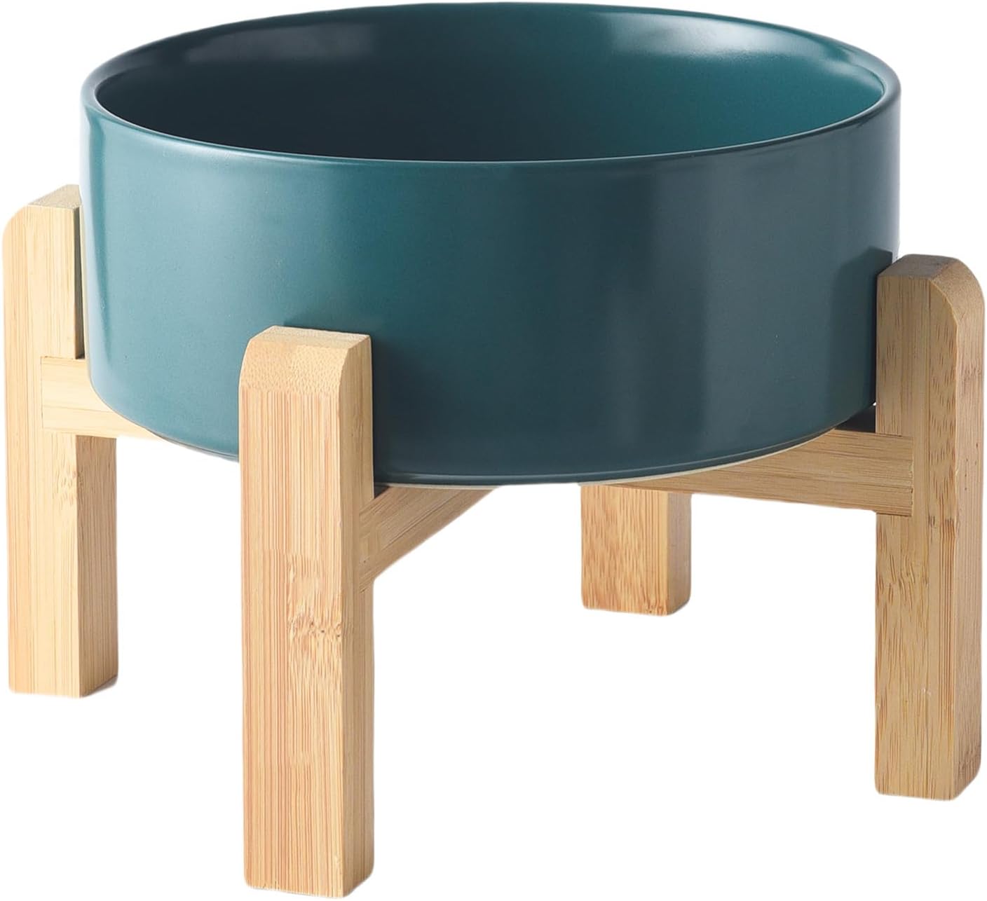 8 Inch Ceramic Raised Dog Bowl with Elevated Bamboo Stand
