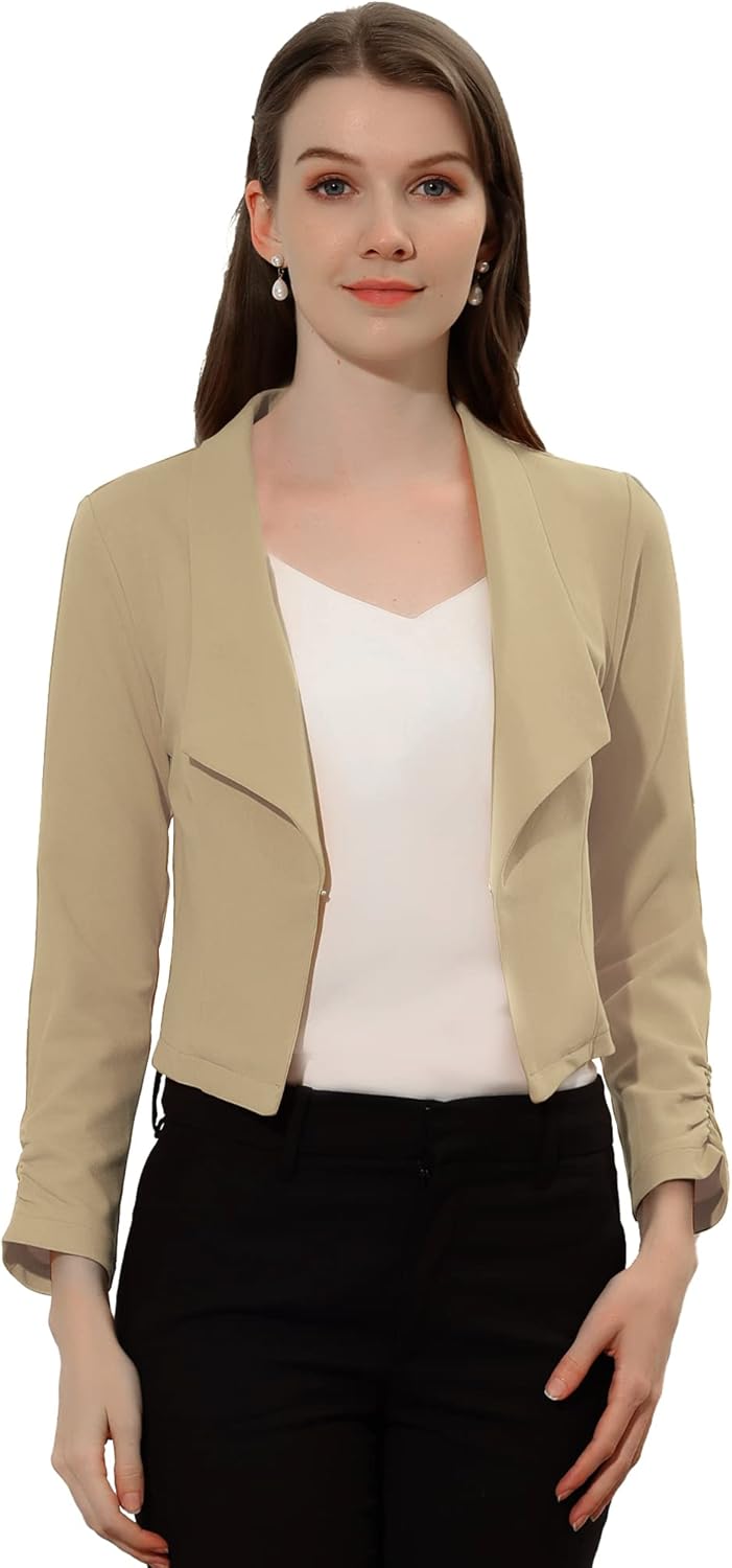 Allegra K Women's Notched Lapel Ruched Sleeve Cropped Blazer