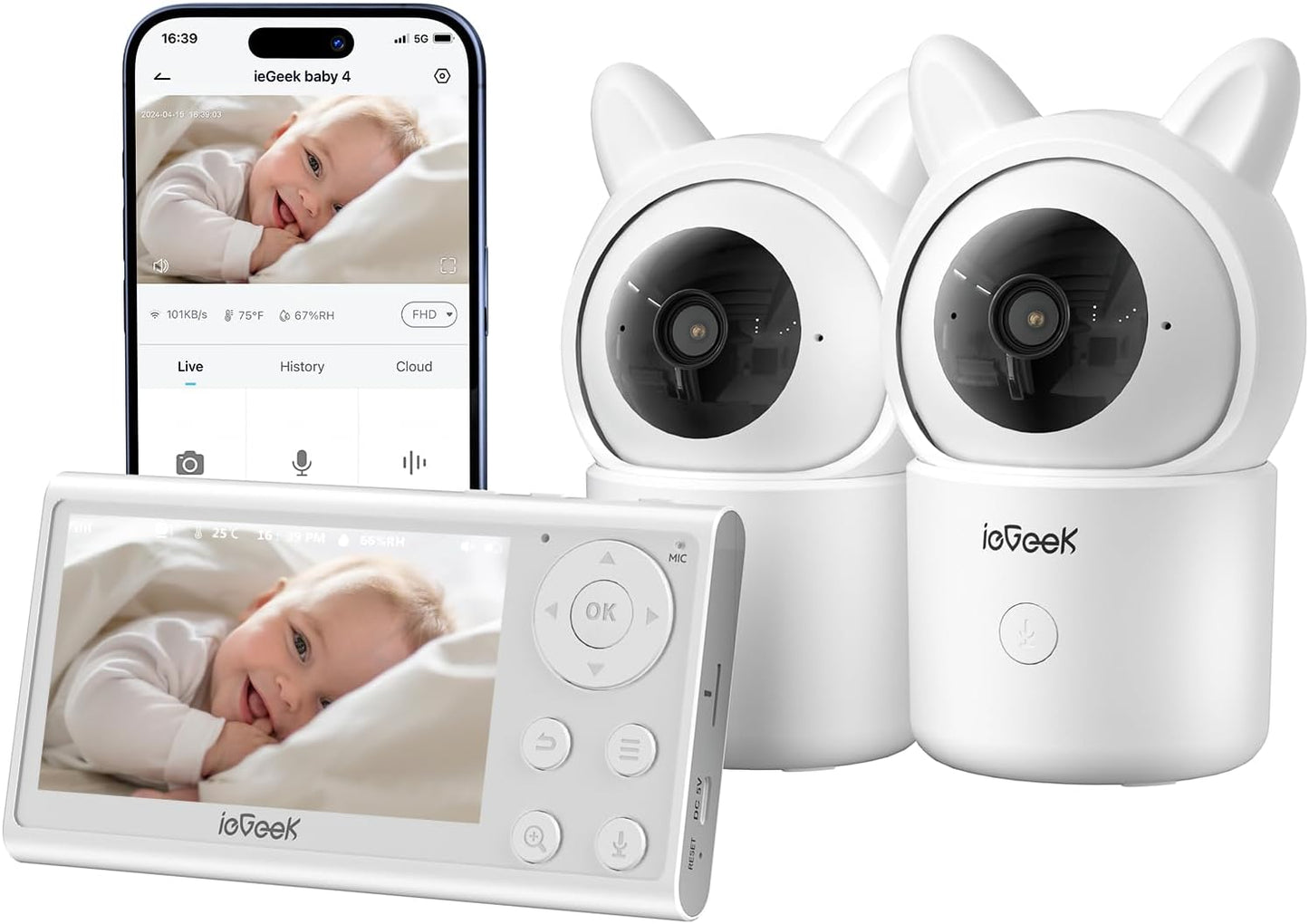 ieGeek Split-Screen Baby Monitor - 1080P, Two-Way Talk, Night Vision