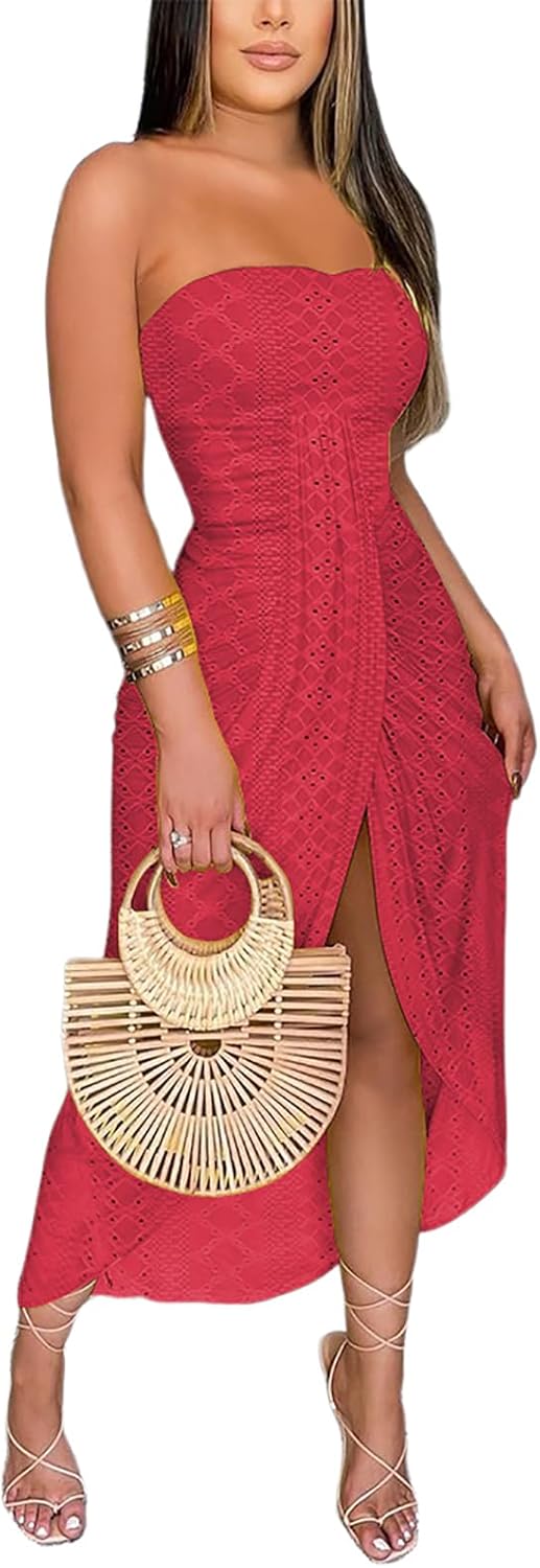 Strapless Maxi Bodycon Dress with Asymmetrical Hemline for Summer