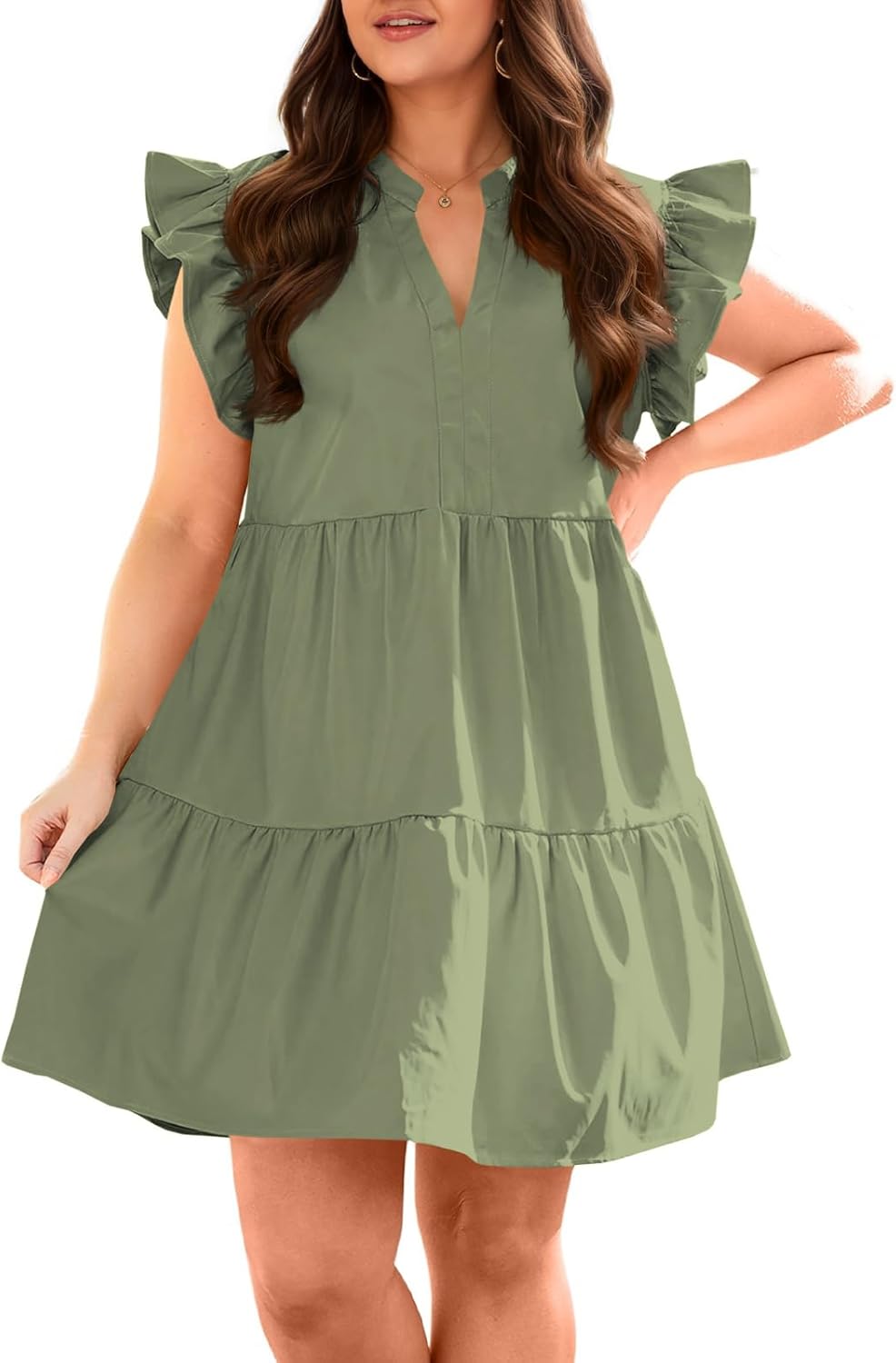 Plus Size Summer Ruffle Short Sleeve V Neck Mini Dress