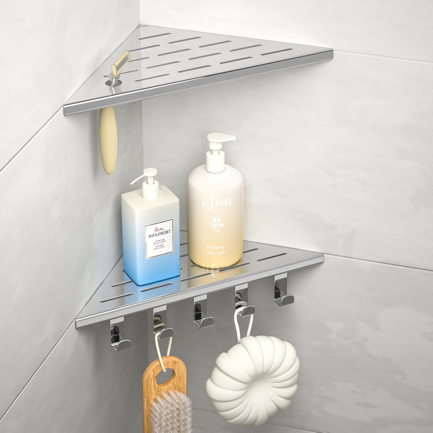 10 Corner Shower Shelf with Hooks for Tiled Wall - Polished