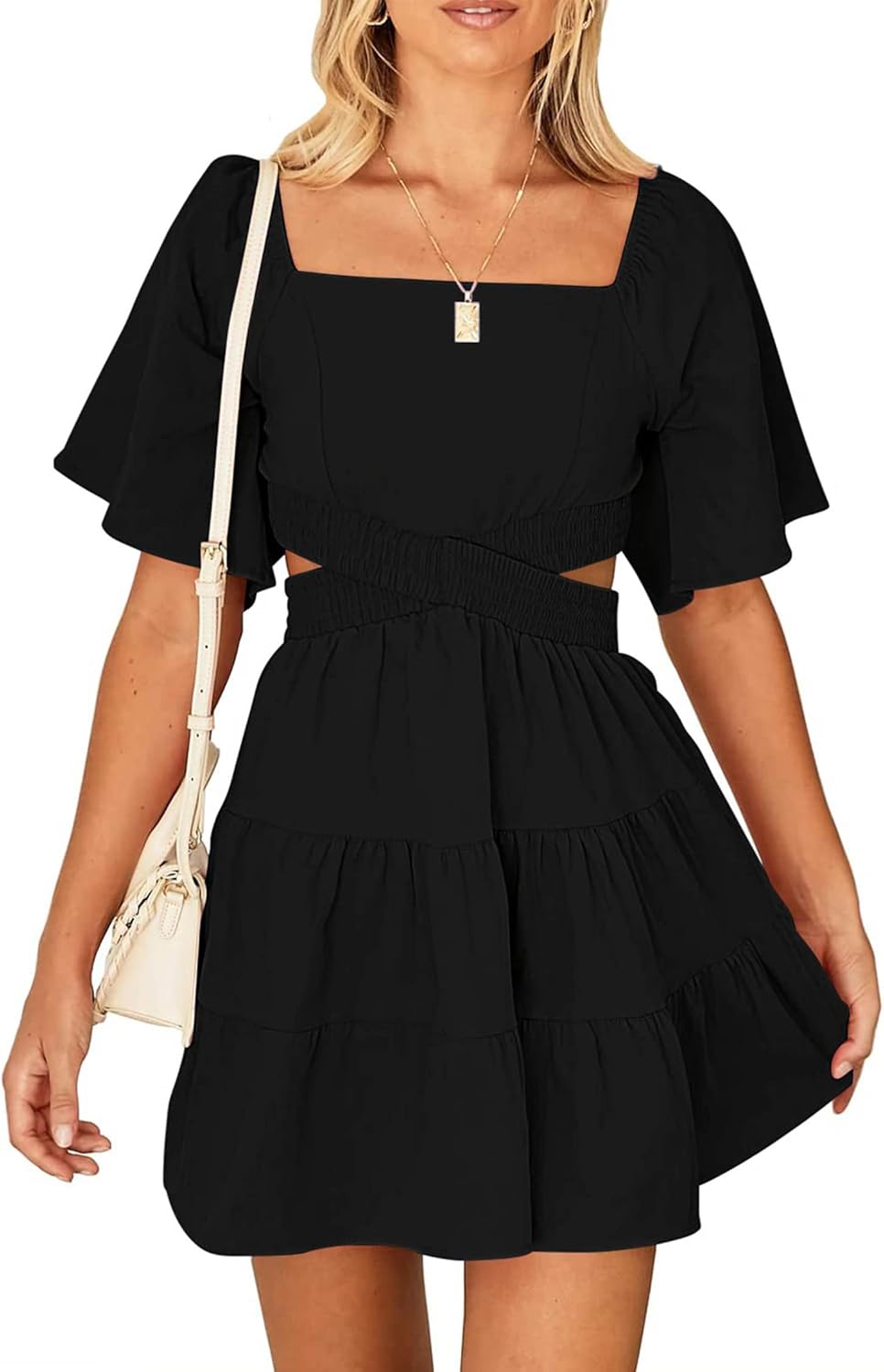 Women's Summer Dresses Square Neck Casual Short Sleeves Mini Dress