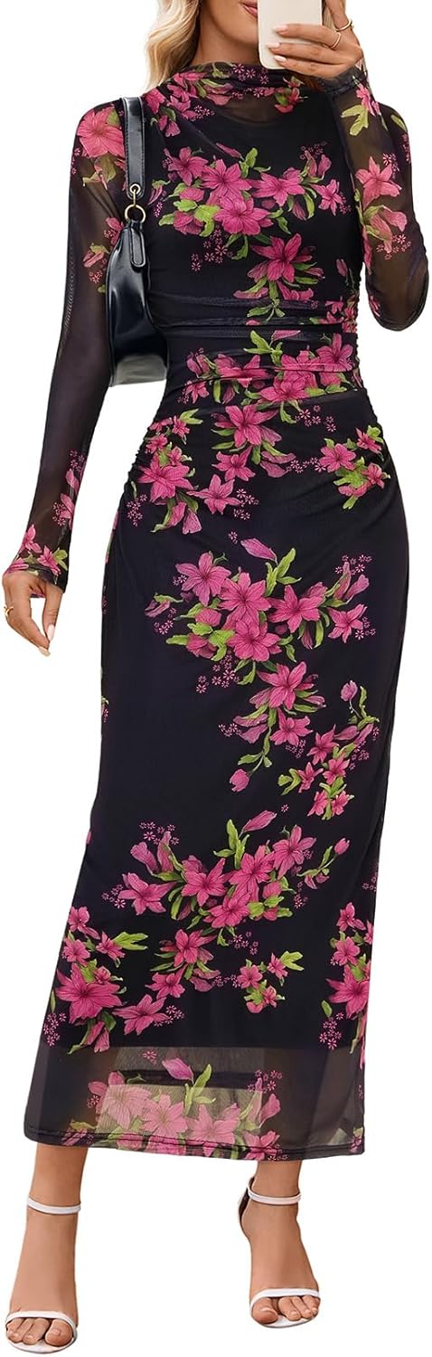 Stylish Bodycon Floral Mesh Maxi Dress for Fall Weddings