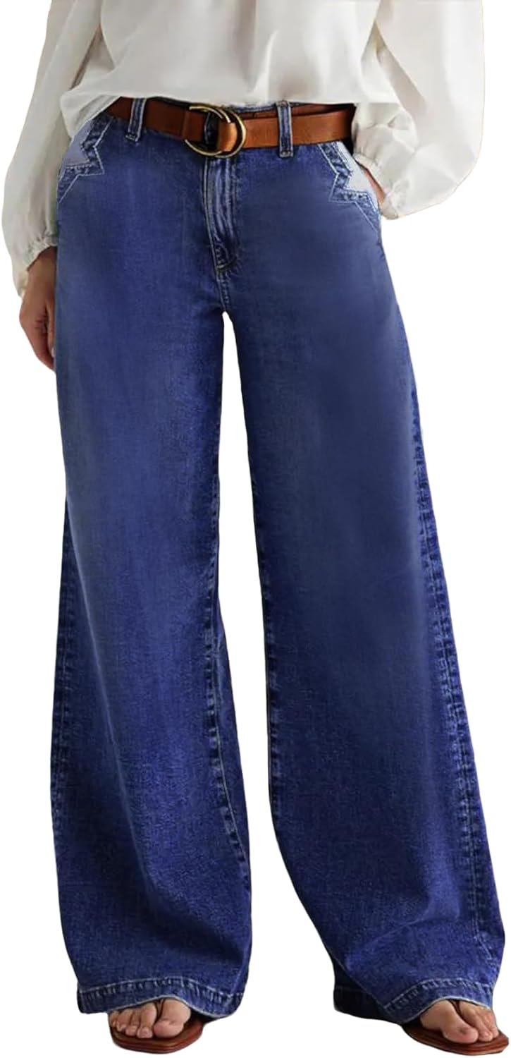 Wide Leg Jeans for Women Mid Waist Baggy Denim Washed Pants