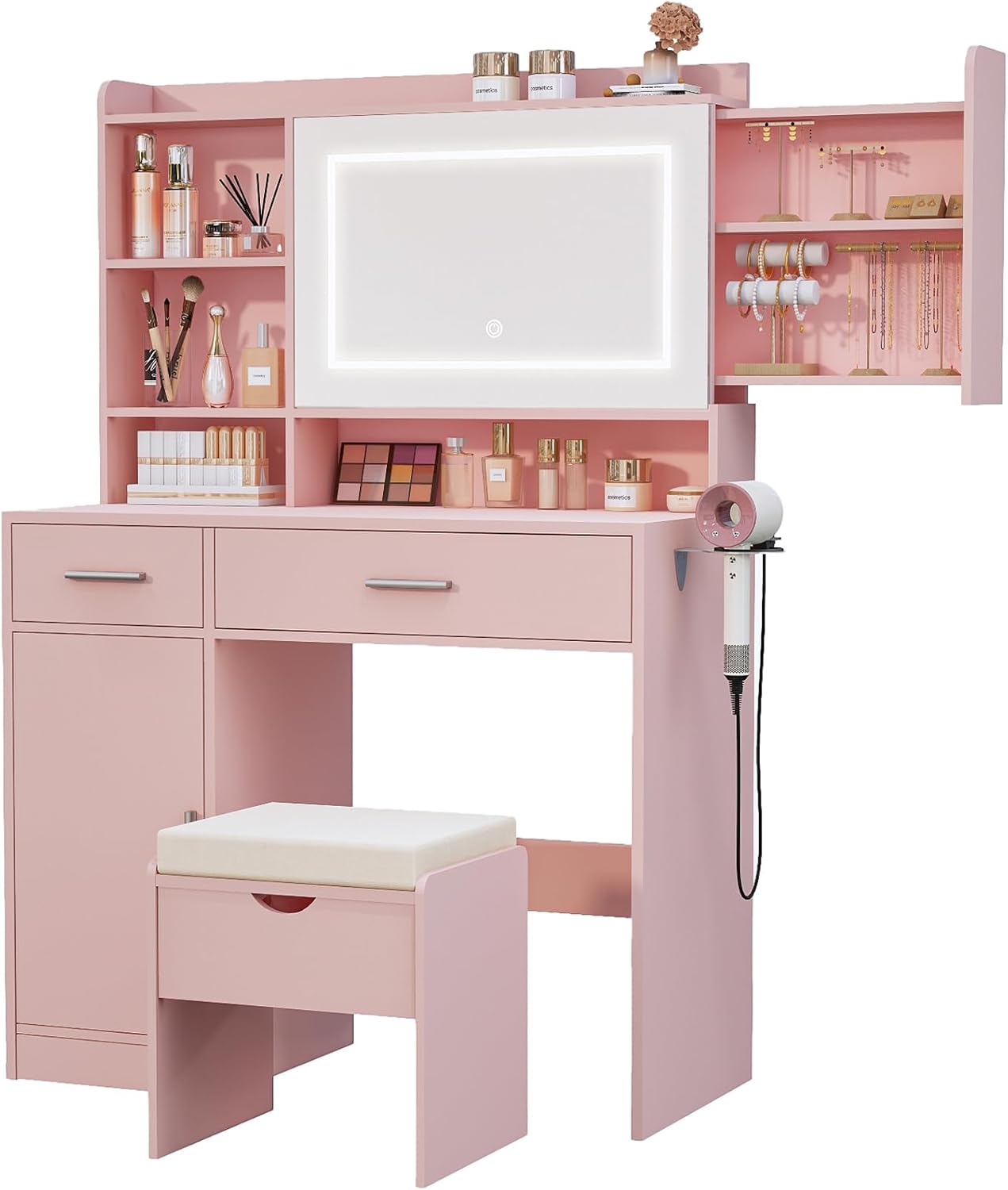 Pink Vanity Desk with Mirror and Lights for Bedroom Organization