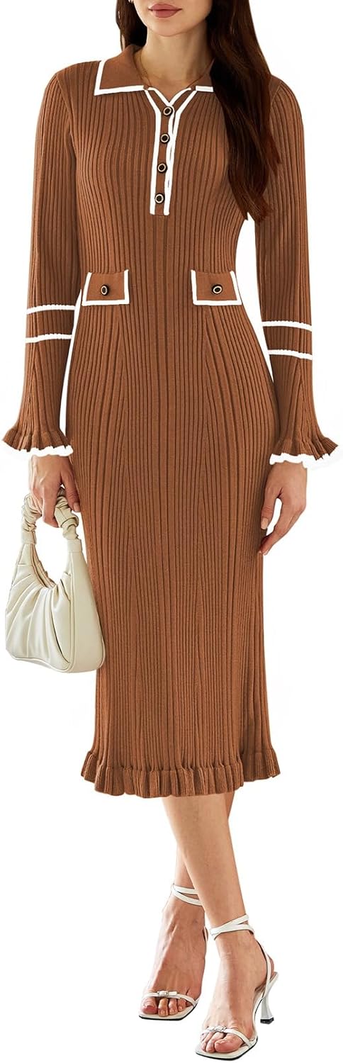 Pink Queen Women's V Neck Bodycon Sweater Dress for Fall Style