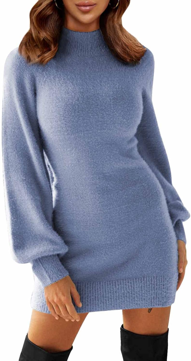 EXLURA Women's Mock Neck Ribbed Long Sleeve Bodycon Dress