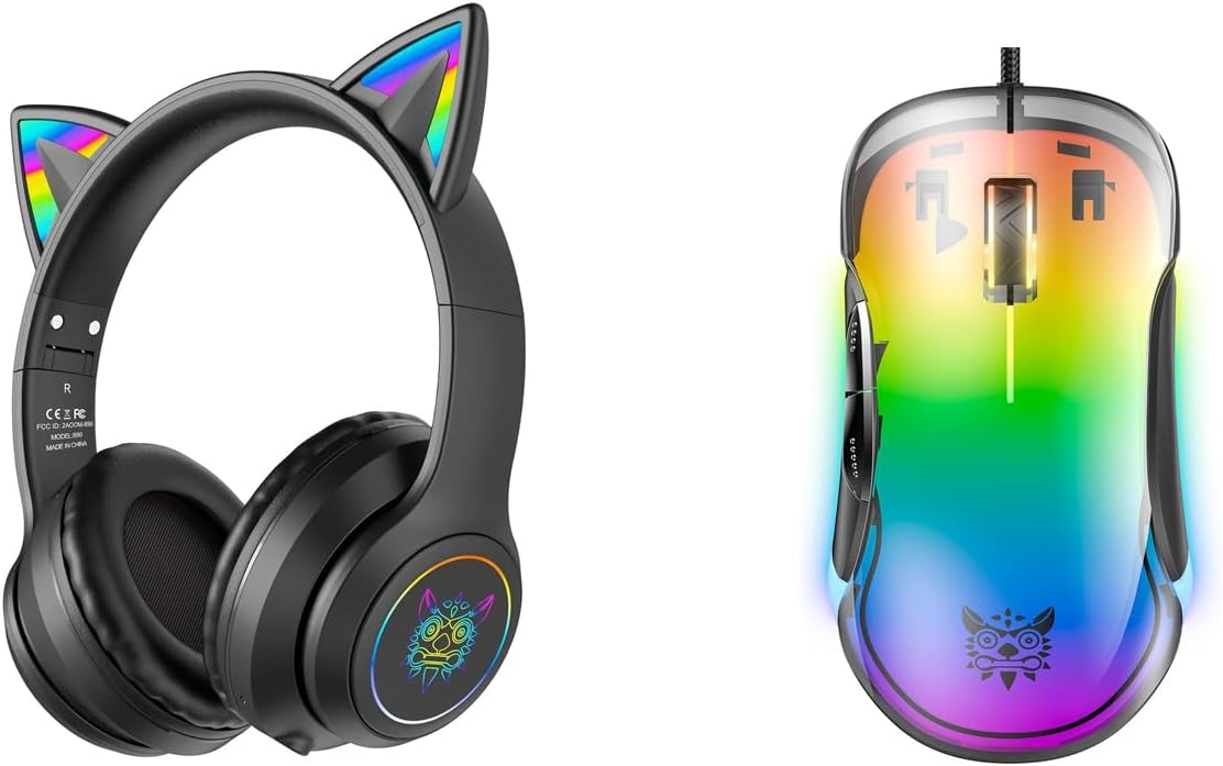 Wireless Cat Ear Headphones & Wired RGB Mouse Set