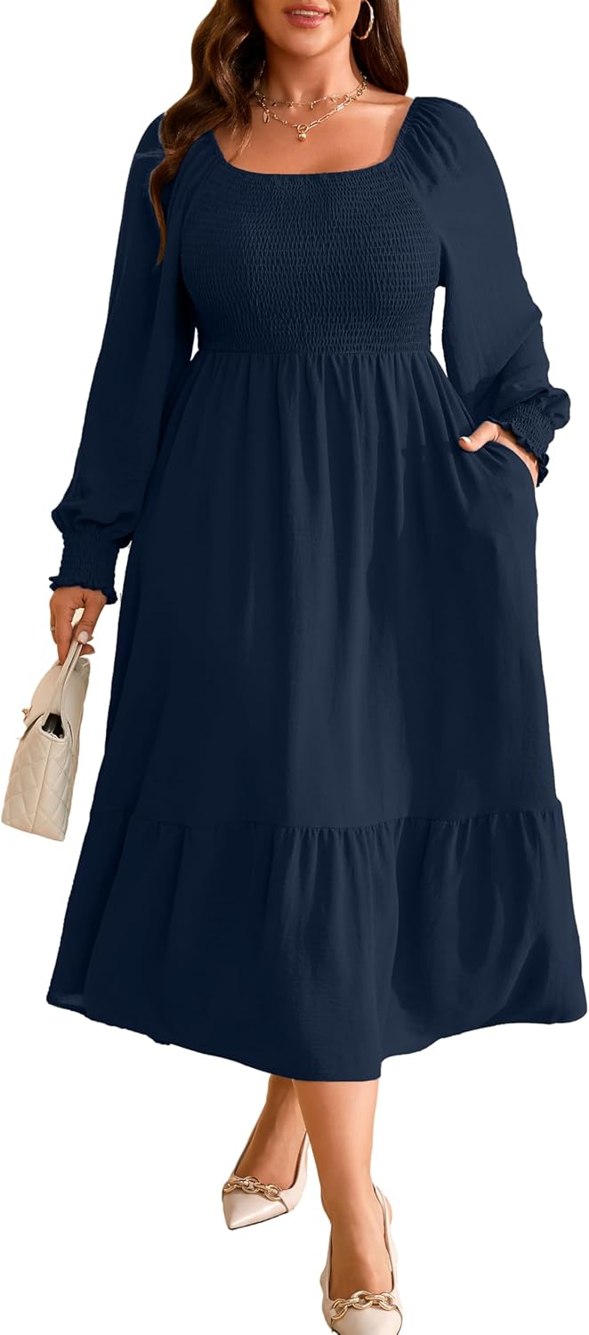 Plus Size Long Sleeve Floral Maxi Dress with Pockets for Women