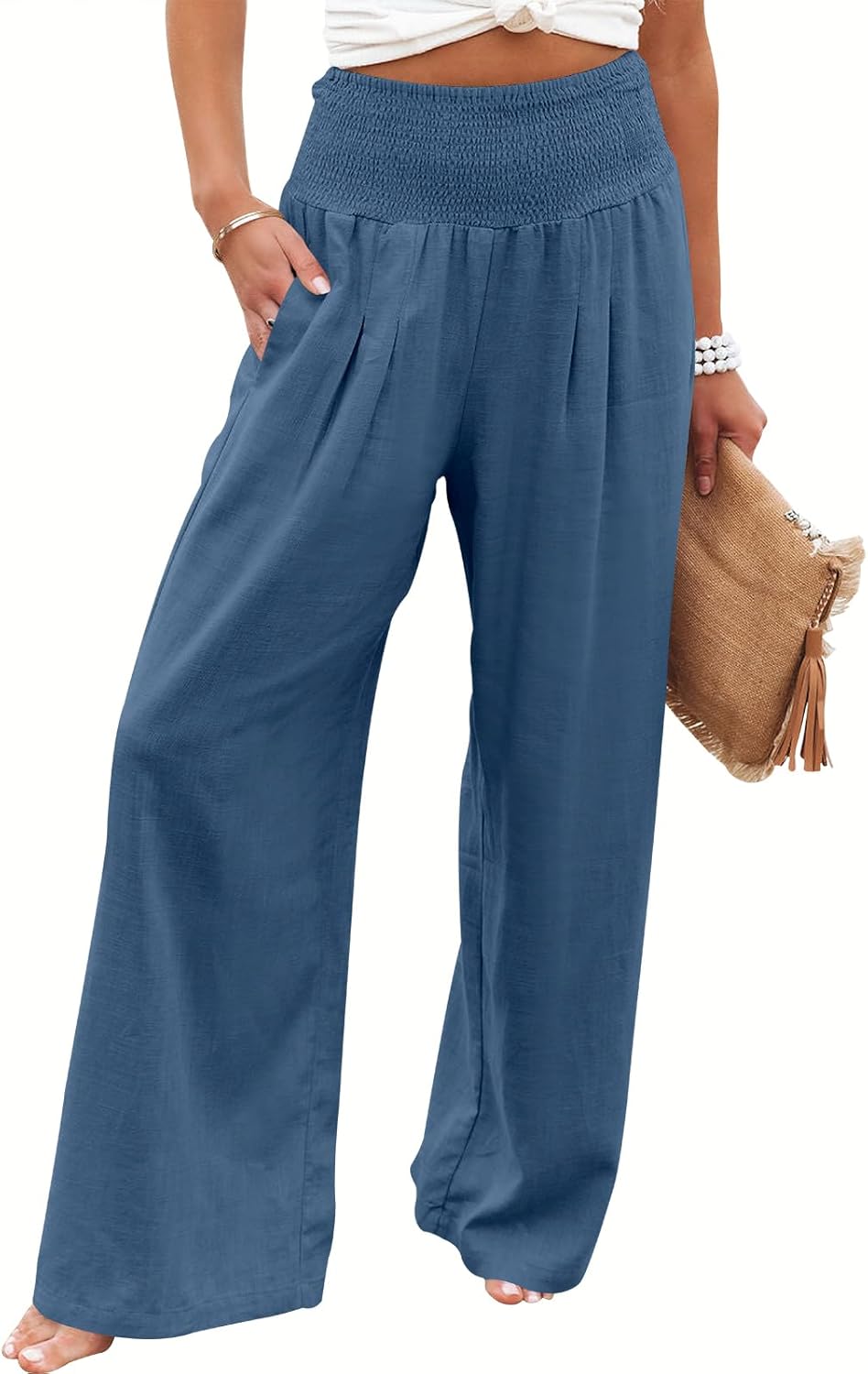 Linen Palazzo Pants for Women - Boho Wide Leg High Waist Style