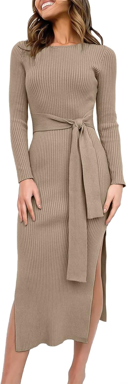 Womens Long Sleeve Sweater Dress with Tie Waist and Slit