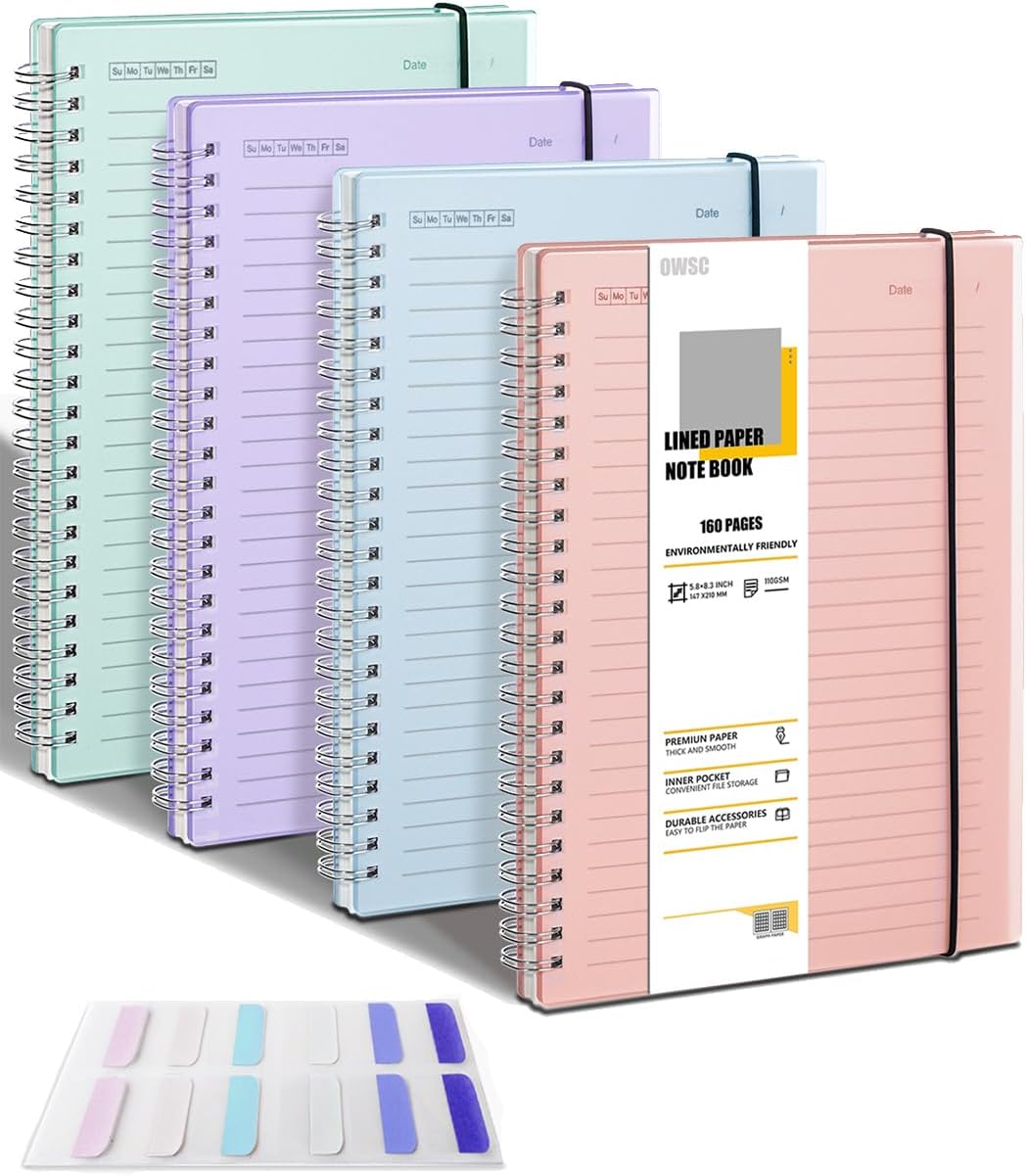 OWSC 4-Pack Lined Spiral Notebooks, 110 GSM Thick Paper, College Ruled, 5.9x8.3